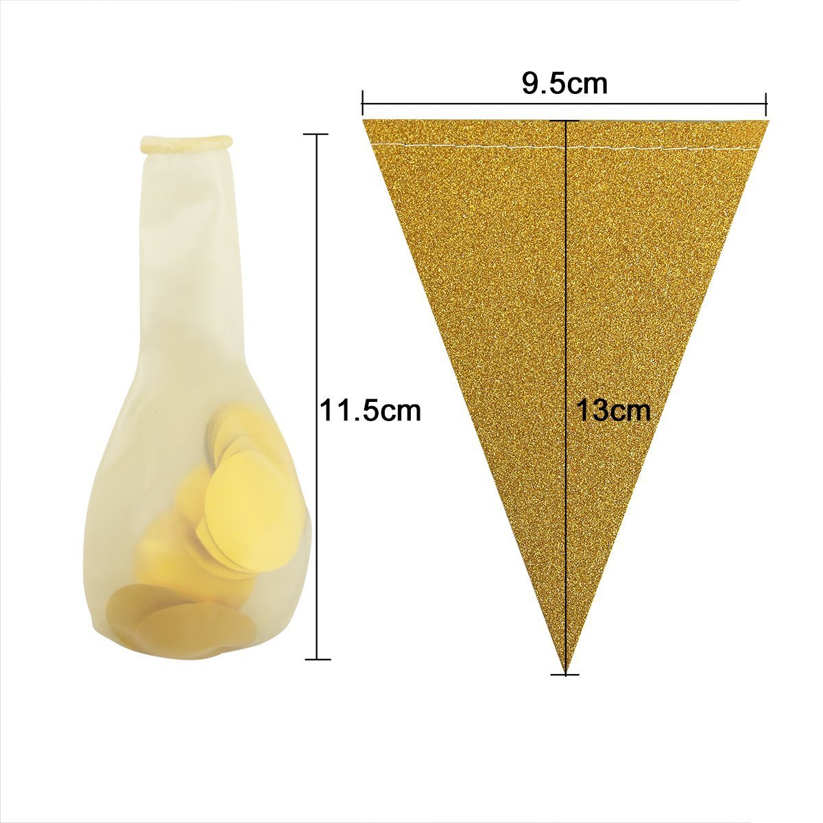 JER Gold Confetti Balloons, 16Pcs Party Decor Balloons Circle Confetti Filled with 12 inches Bonus Handmade Banner for Wedding Birthday Party Festival Decorations(16 Pcs Balloons + Pennant Garland)