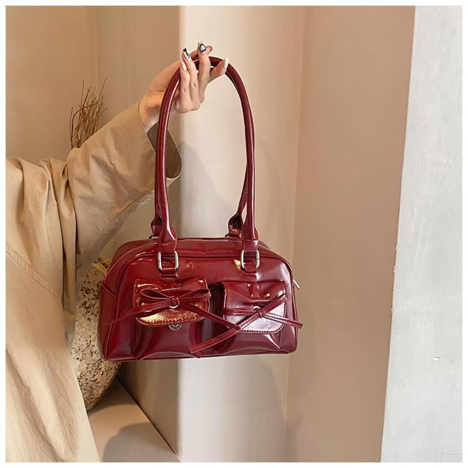 Y2K Women's Handbag, PU Leather, Bowknot, Cute, Shoulder Bag, Handbag, Lightweight, Stylish, Black