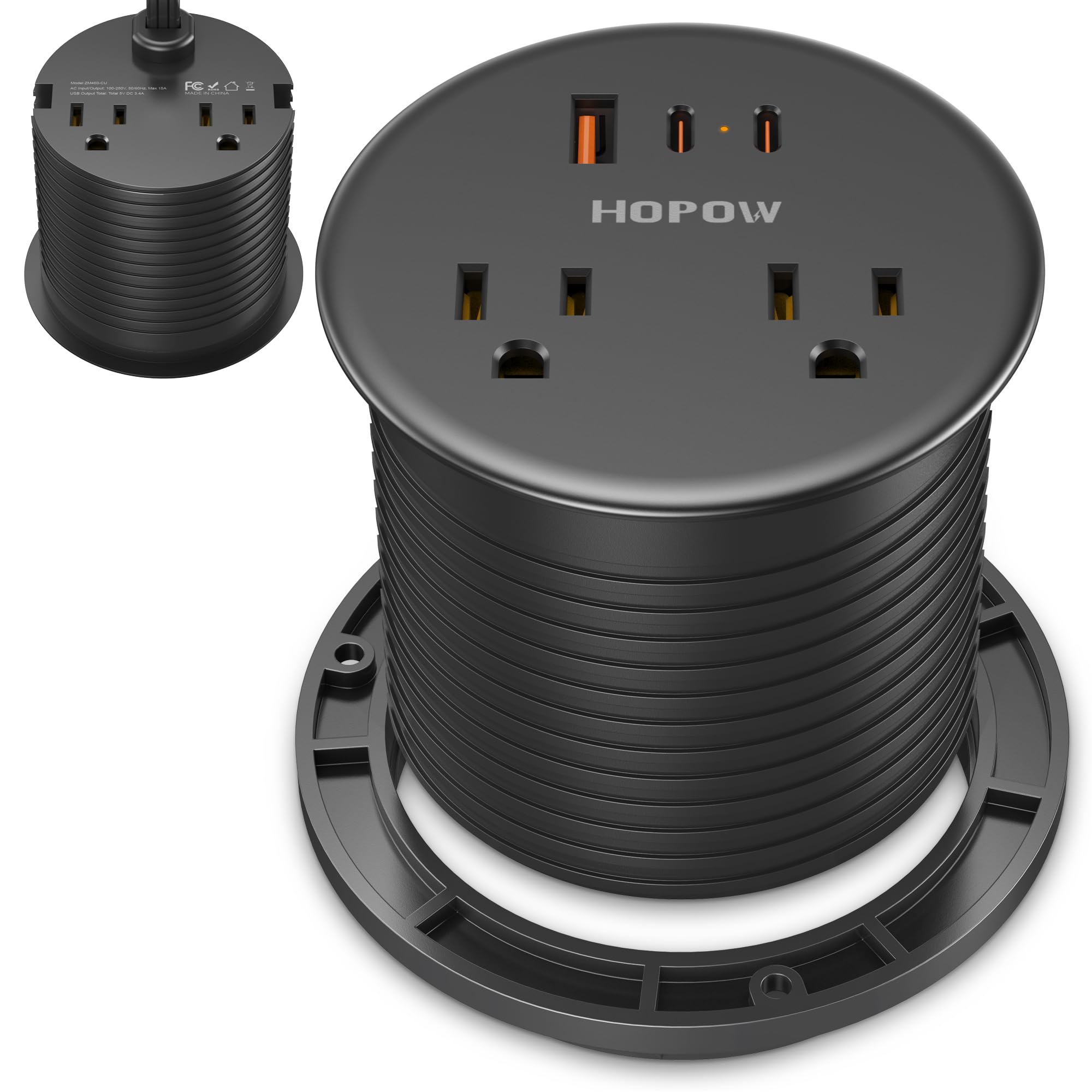 Photo 1 of Recessed Desk Power Grommet with 4 AC Outlets 3 USB Ports (2USB C), Dual-Sided Flush Mount Outlet Charging Station for Desktop, Conference Room, Furniture Table, 6.5 FT Cord, Black