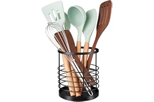 RedCall Utensil Holder for Kitchen Countertop,Metal Spatula Holder,Cooking Utensil Holder for Spoon,Wire Utensil Organizer,Stainless Steel Round Utensil Caddy Crock Flatware Storage Counter (Black)