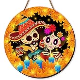 Yarcooly Dia De Los Muertos Door Sign Day of The Dead Ofrenda Front Wooden Wreath Hanging Decor Dia De Los Muertos Decorations for Home Altar