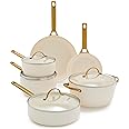 GreenPan Reserve Hard Anodized Healthy Ceramic Nonstick 10 Piece Cookware Pots and Pans Set, Gold-Tone Stainless Steel Handles, PFAS & PFOA-Free, Dishwasher Safe, Oven & Broiler Safe, Cream White