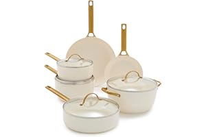 GreenPan Reserve Hard Anodized Healthy Ceramic Nonstick 10 Piece Cookware Pots and Pans Set, Gold-Tone Stainless Steel Handles, PFAS & PFOA-Free, Dishwasher Safe, Oven & Broiler Safe, Cream White