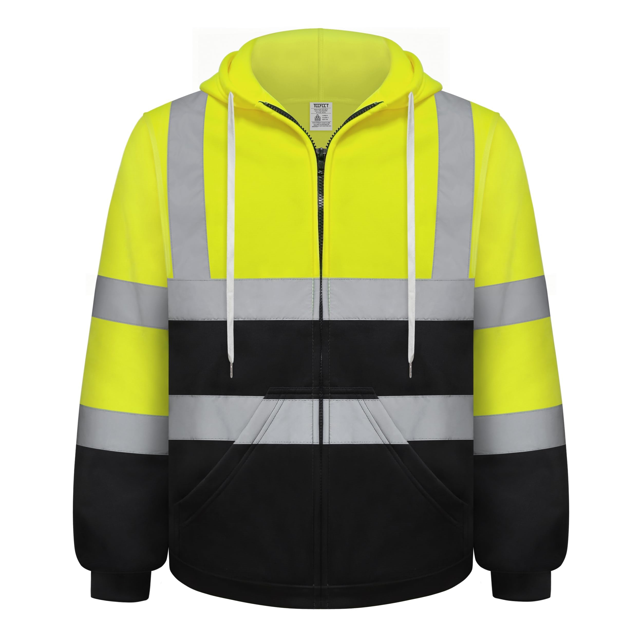 Photo 1 of TCCFCCT High Vis Hoodie Class 3 Hi Vis Hoodie for Men Women with Zipper, High Visibility Safety Hoodie for Men Construction, Surveyors, Dirt-resistant with Black Bottom, Yellow 2XL