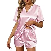 Ekouaer Silk Pajamas for Women Short Sleeve Satin Sleepwear Two-piece Pjs Set Soft V Neck Loungewear,S-XXL