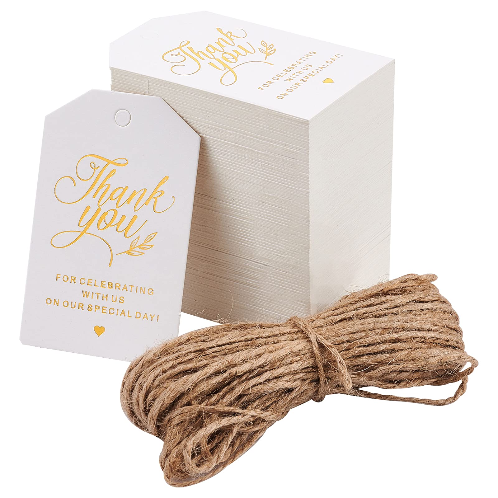 GLOBLELAND 200pcs 7.9x5cm Gold Thank You Tags Paper Gift Tags Thank You for Celebrating with Us on Our Special Day Gift Tags with 20m String for DIY Thanksgiving Day Christmas Wedding Party Favors