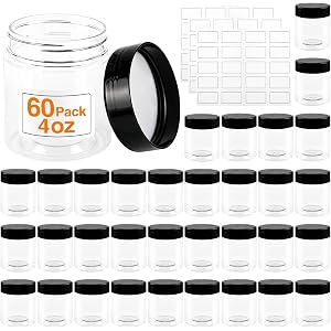 60 Pack 4 Oz Plastic Jars with Lids Labels, Cosmetic Jars, Slime Containers | Wide-Mouth Round Clear Empty, BPA Free, Sealed,