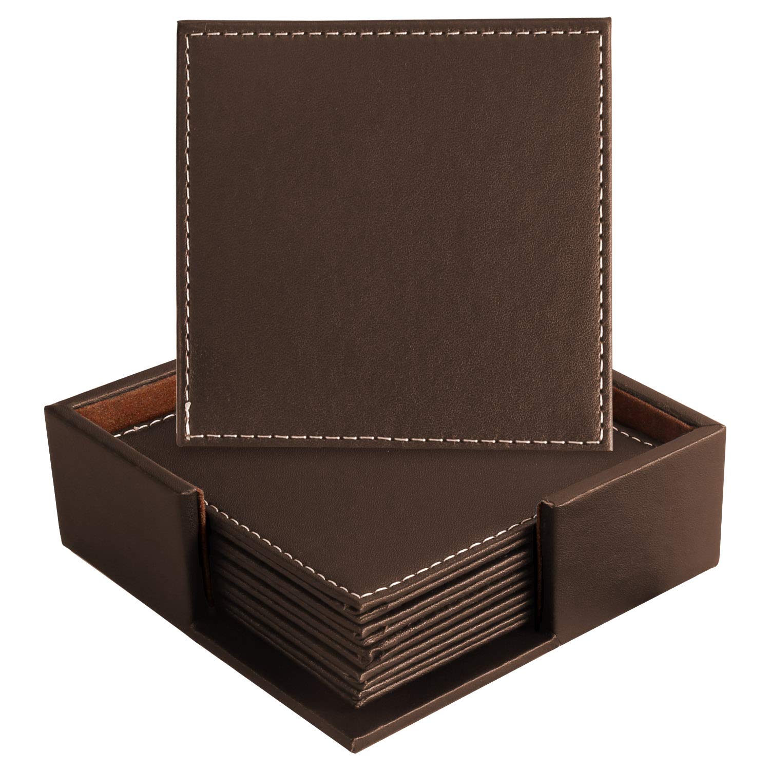 Leather Coasters for Drinks with Holder Set of 6,Coffee Mats Protect Furniture from Hot or Cold Water Marks & Damage, PU Leather Drink Coasters Suitable for Kinds of Mugs and Cups (Square Brown)
