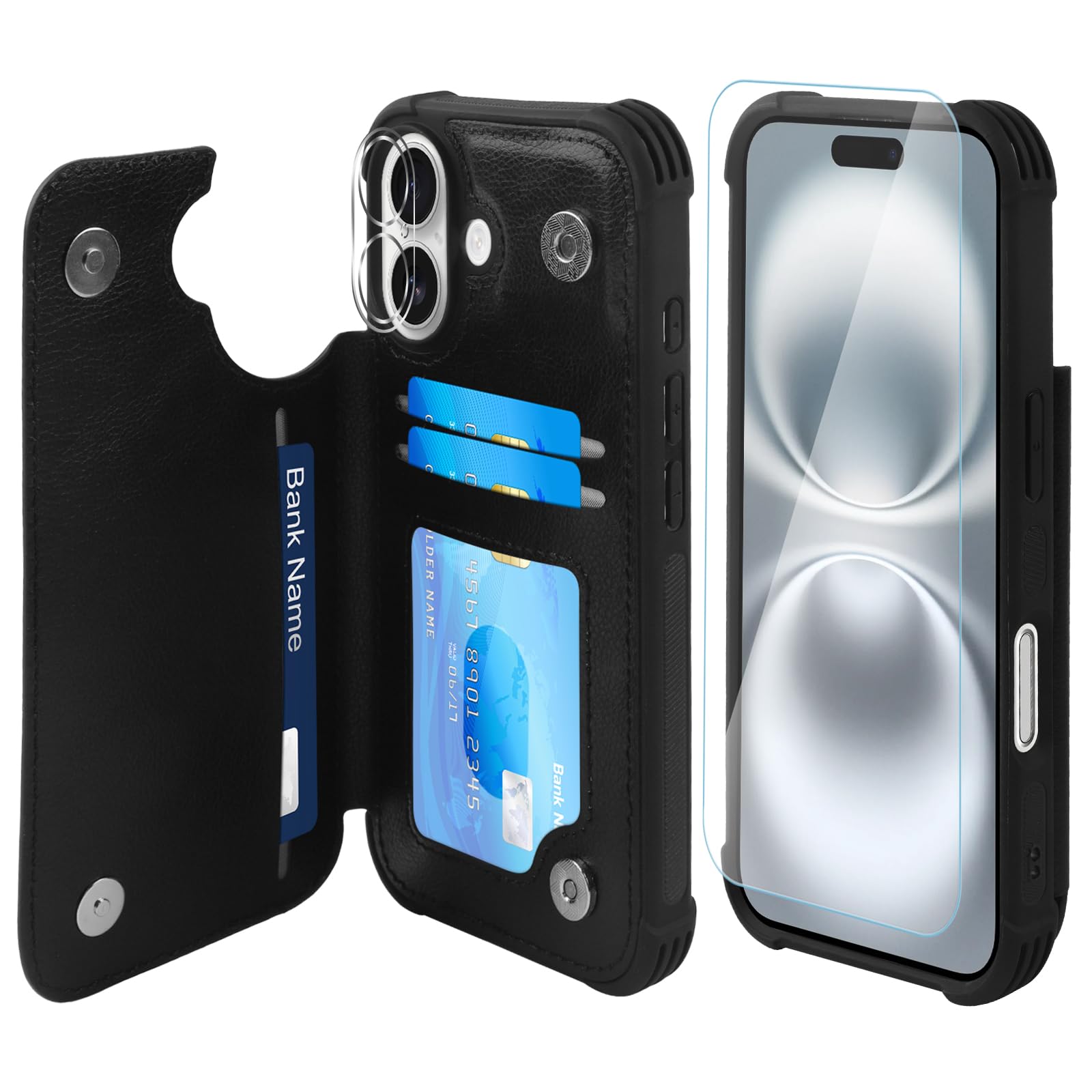 VANAVAGY Compatible for iPhone 16 Plus Wallet Case with Credit Card Holder,Rfid Leather Flip Folio Phone Cover Fits Magnetic Car Mount and Stand with Screen Camera Protector,Black