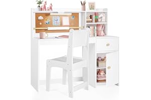 Frogprin Kids Desk and Chair Set, Kids Study Desk with Night Light Drawing Paper Roll, Hutch & Storage Cabinet, Child's Table-Student Writing Art Table Widened Desktop Computer Workstation for 5-12