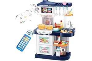 HCFJEH Kids Play Kitchen Toy Playset, Toddler Kitchen Toy Accessories Set w/Remote Control, Real Sounds & Light, Play Sink & Pretend Steam, Birthday for Boy Girl 3 4 5 6 7 8 Year Old