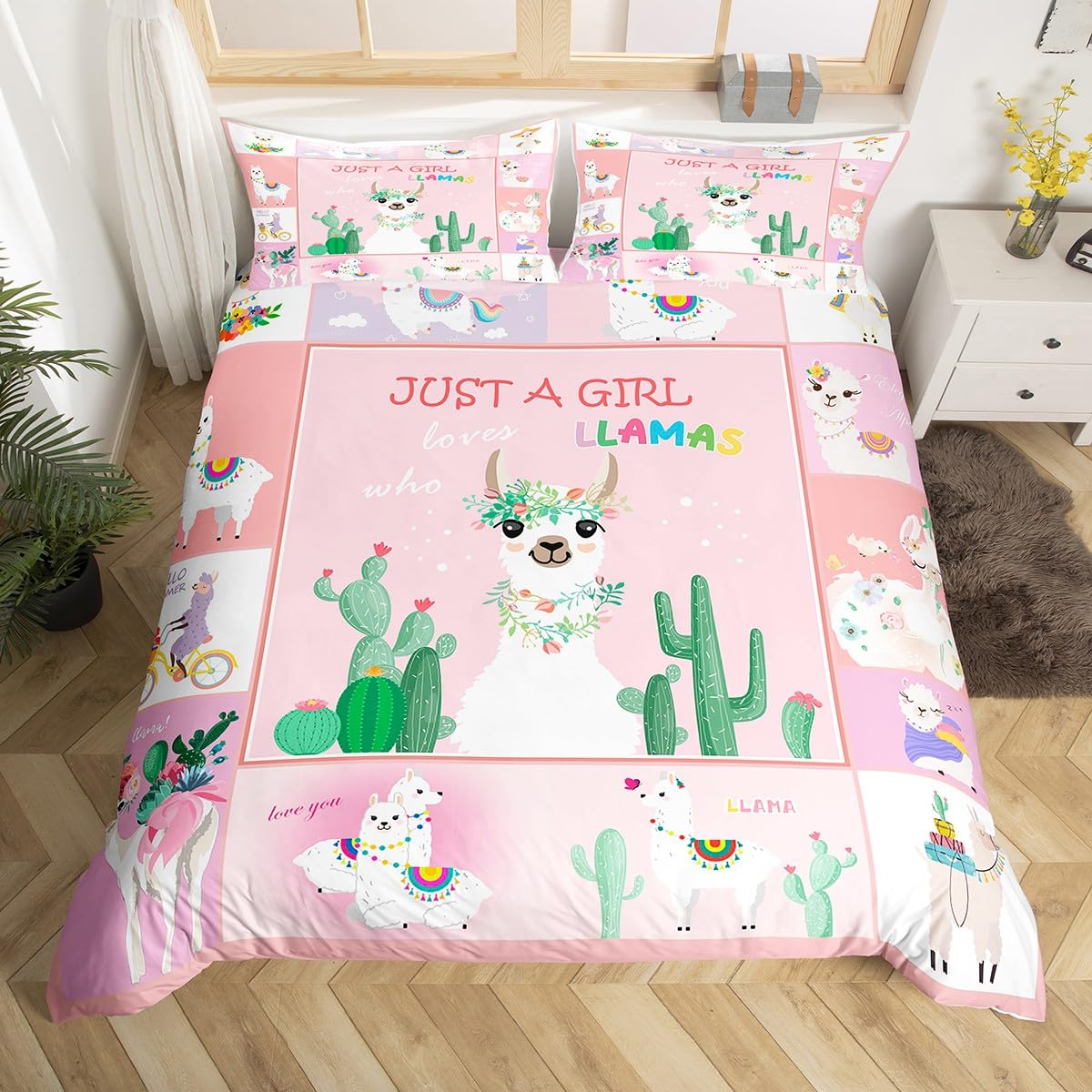 Cute Llamas Duvet Cover Set Double Size, Kawaii Alpaca Bedding Set 3pcs for Kids Girl Bedroom Decor, Pink Checks Latticed Patchwork Comforter Cover Cartoon Animal Quilt Cover with 2 Pillowcases — image 1