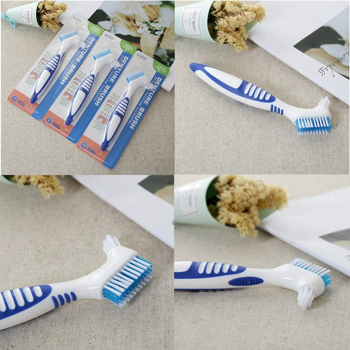 6 Pcs Denture Brush Hard Denture Toothbrush False Teeth Cleaning Brush with Premium Black Carrying Case for Denture Care Denture Cleaning (4 Colors): Health & Personal Care