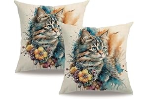 7COLORROOM Watercolor Animals Throw Pillow Covers 18x18 Inch Painting Cat Flower Print Cushion Case Farmhouse Spring Summer Decoration 2Pack Square Pillowcase for Patio Couch Sofa (Grey)