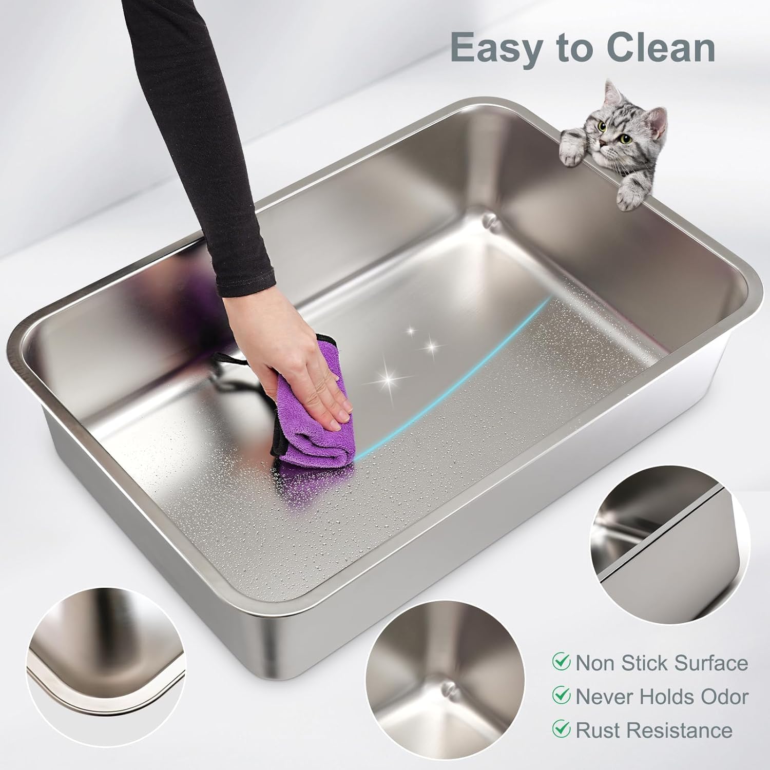 Stainless Steel Cat Litter Box with Lid, Extra Large Metal Litter Box for Big Cats, XXL High Sides Enclosure Cat Litter Box with Anti-Urine Leakage, Easy Clean, Free Litter Scoop & Mat