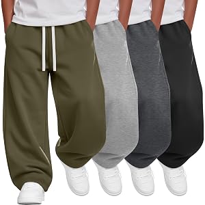 Hyggeweir 4 Pack Boys Wide Leg Sweatpants | Athletic Baggy Pants, Drawstring, Open Bottom Joggers, Pockets, Casual, School Sw
