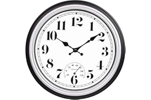 45MinST 12 Inch Indoor/Outdoor Retro Round Waterproof Wall Clock with Thermometer, Silent Non Ticking Battery Operated Quality Quartz Wall Clock Home/Patio Decor(Silver F)