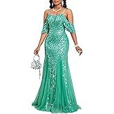 dasmzper Women’s Sequin Evening Gown – Off Shoulder Spaghetti Strap Formal Maxi Dress with Mesh Panels for Wedding Prom Party