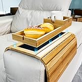Bamboo Sofa Armrest Tray, 2 in 1 Magnetic Couch Cup Holder with Anti-Slip Back, Foldable Couch Arm Table for Remote, Cellphone, Drinks, Snacks