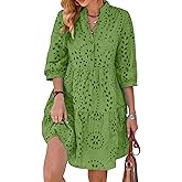 utcoco Women's 2025 Eyelet Lace Midi Dress V Neck Puff 3/4 Sleeve Button Tiered Sexy A Line Sun Dress