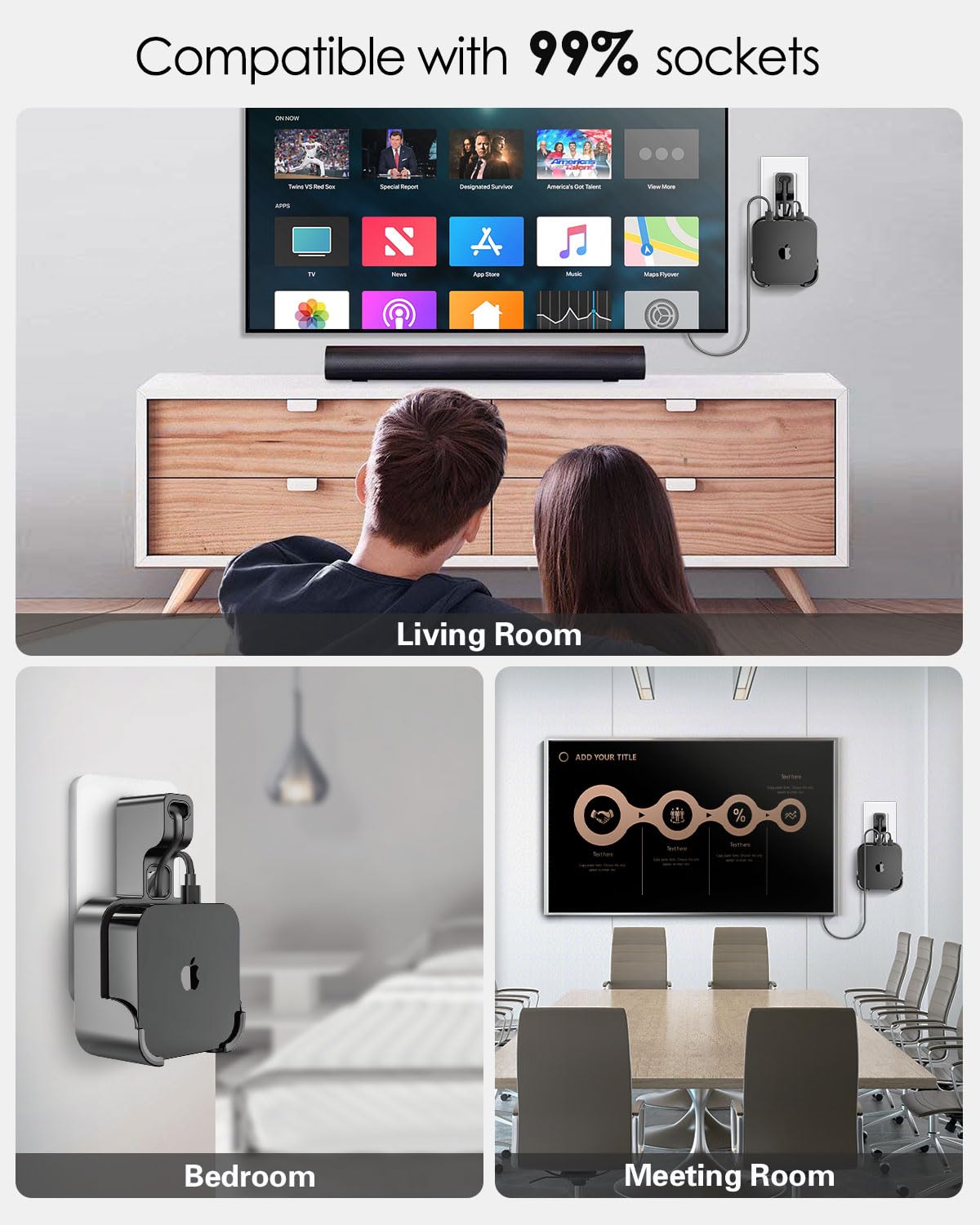 volport Wall Mount Holder Bracket for Apple TV 4k 3rd Generation - Outlet Hanger Stand for Apple-TV 4k+ Gen 3 Built-in Cable Management, Hide & Store Messy Wires, Black