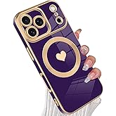 tharlet Magnetic for iPhone 17 Pro Max Case [Compatible with Magsafe] Cute Love Heart Luxury Plating Gold Edge Bumper with Full Camera Lens with Privacy Screen Protector, Purple (6.9")