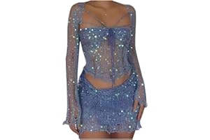 Momasggi Womens Sexy Skirt Sets Two Piece Outfits Glitter Sequins Crochet Sweater Set Long Sleeve Cropped Top Mini Skirt Set