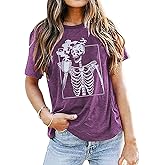 Hot Coffee Skeleton Shirt for Women Halloween Skeleton T-Shirt Funny Fall Skull Graphic Tees Tops Blouse Gift