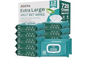 AOZITA 720 Count (12 Packs of 60) Wipes for Adults, 8" x 12" Extra Large Wet Wipes for Incontinence & Cleansing, Disposable Body Shower & Bath Wipes for Elderly Bathing No-Rinse - Vitamin E & Aloe