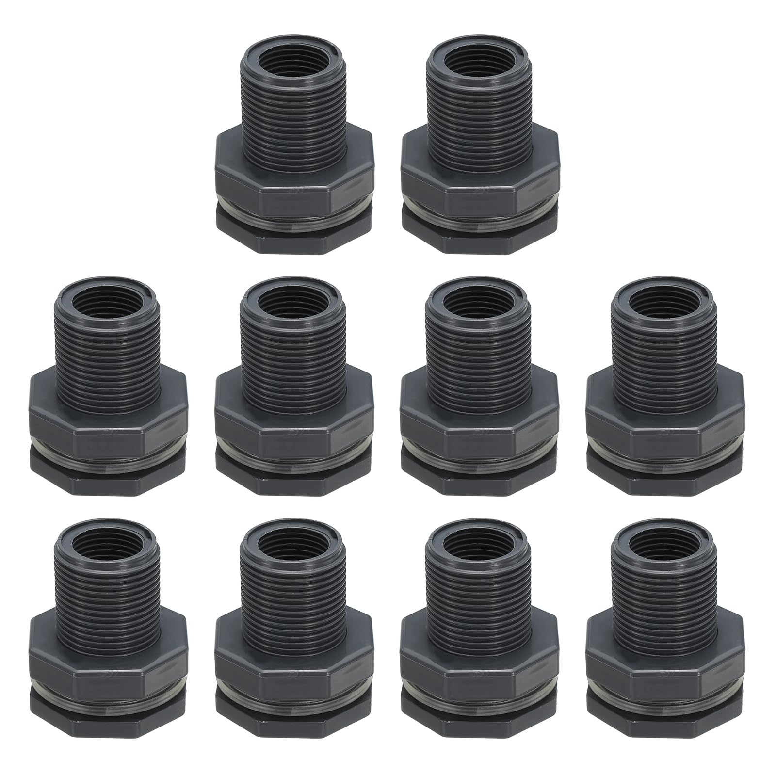 PATIKIL PVC Bulkhead Fitting G 1/2, 10 Pcs Double Threaded Bulkhead Water Tank Connector with PVC Seal Gasket for Rain Bucket, Sinks, Aquariums, Grey