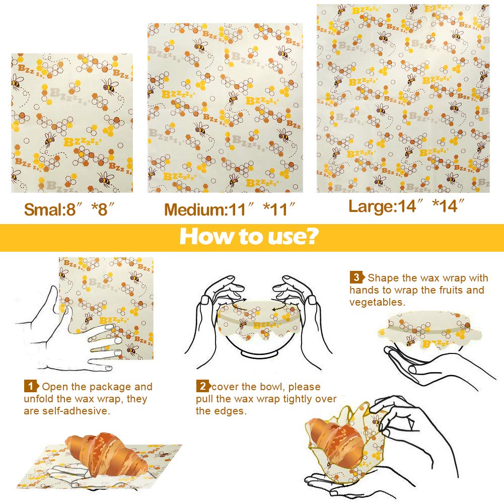 AYOUYA Wachspapier Bienenwachstuch für Lebensmittel, Wiederverwendbar Beeswax Wraps, Reusable Food Wraps, Set mit 3 Stück, Verschiedene Größe