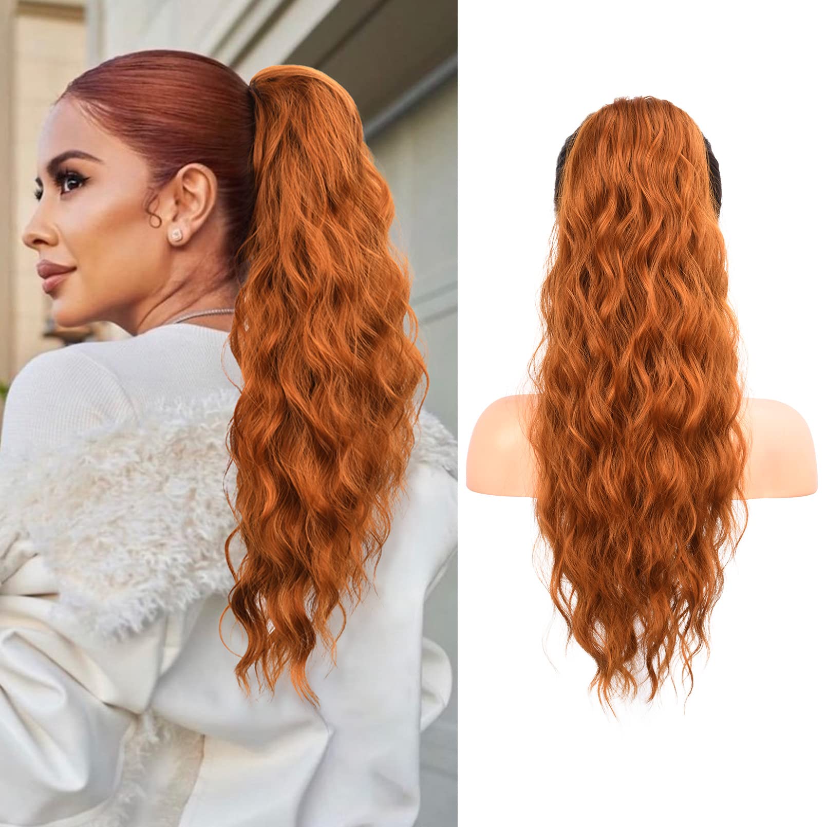 Photo 1 of Flufymooz Ponytail Extension, 22 Inch Drawstring Ponytail Hair Extensions for Women? Long Curly Wavy Pony Tail Natural Wavy Synthetic Hairpiece for Women Daily Use party (22 Inch Copper Red)