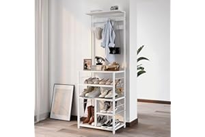 GiftGo Modern White Large 5-Tier Hall Tree Entryway Wooden Shoes Rack Shelf Coat Rack with Movable 9 Metal Hooks Storage Organizer for Home Office Bedroom Mudroom Living Room