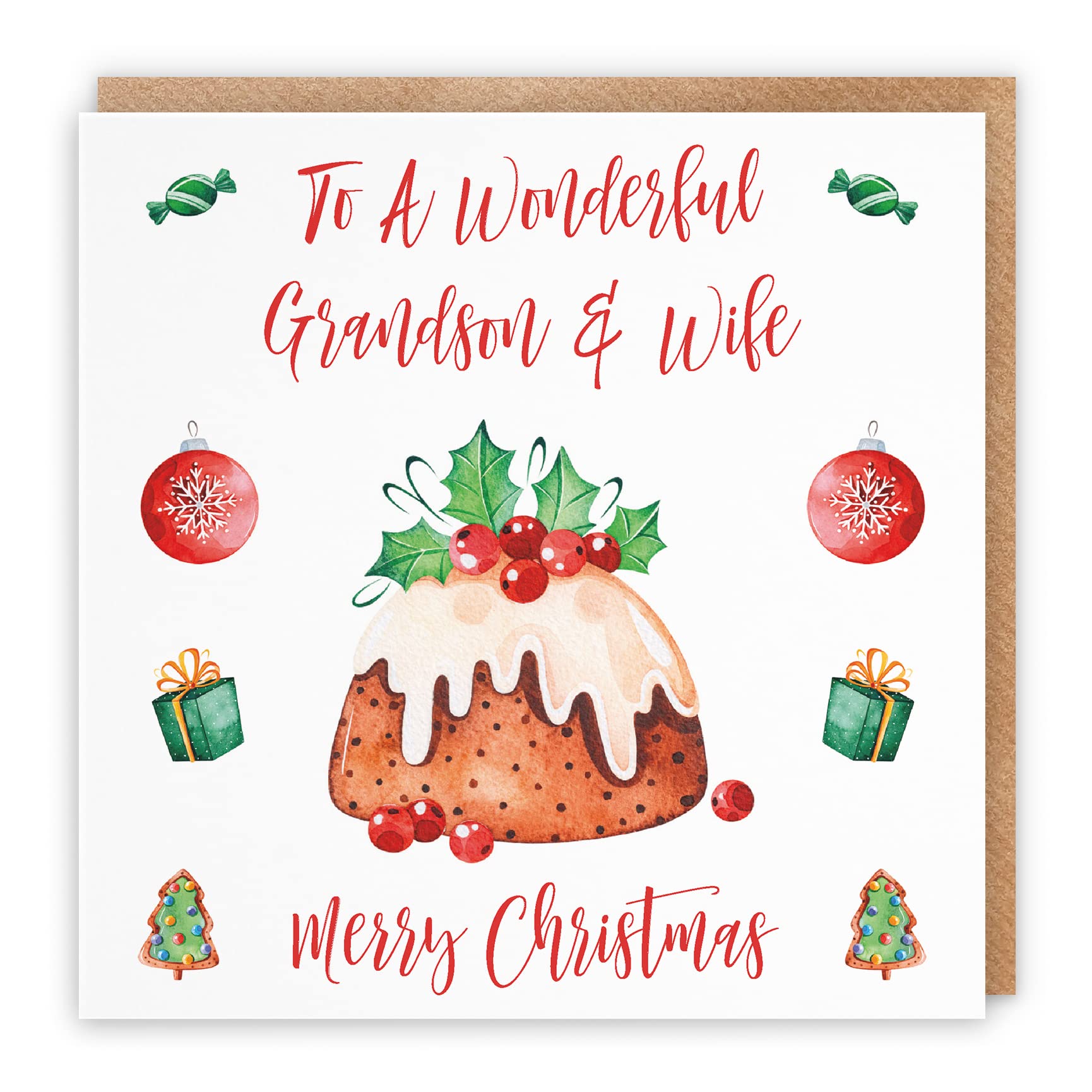 Hunts England - Grandson And Wife Christmas Card - To A Wonderful Grandson & Wife - Merry Christmas - Christmas Pudding Collection - Funny Xmas Card