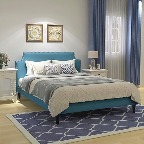 Upholstered Button Tufted Platform Bed with Headboard Strong Wood Slat Support Mattress Foundation Easy Assembly Blue Queen