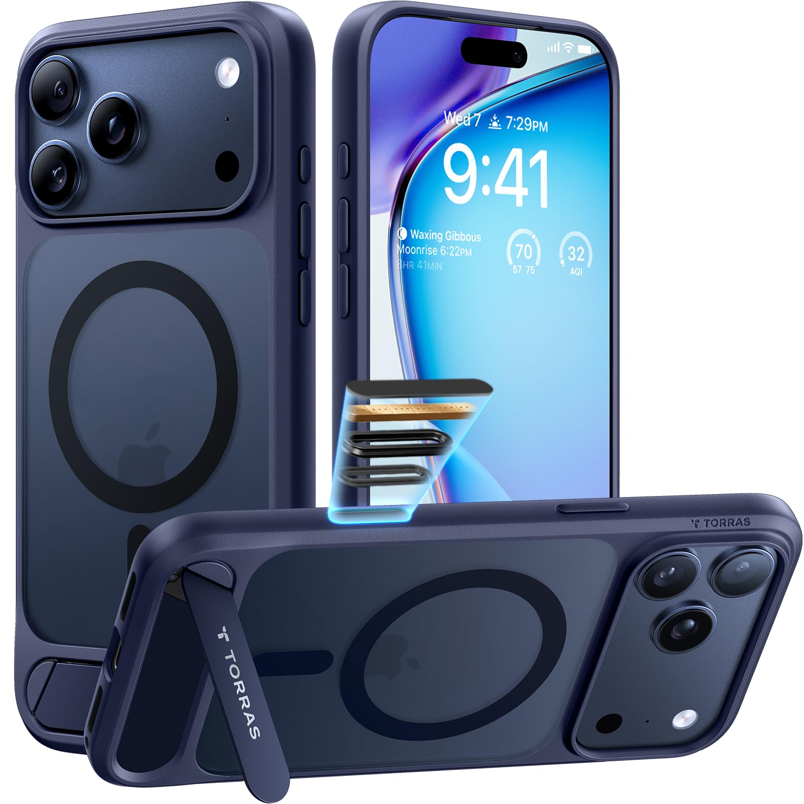 Photo 1 of TORRAS Strong Magnetic & Seamless Stand for iPhone 17 Pro Case, Fit for MagSafe, Mil-Grade Protection, Built-in Kickstand, Camera Control, Translucent Shockproof Slim 17 Pro Cover Ostand, Deep Blue