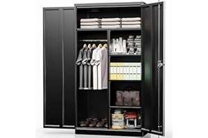 INTERGREAT Metal Storage Cabinet with Locking Doors, 72" Tall Storage Wardrobe with Lock and Hanging Rod, Steel Storage Locker Closet with 4 Shelves for Home Office, Garage, Black