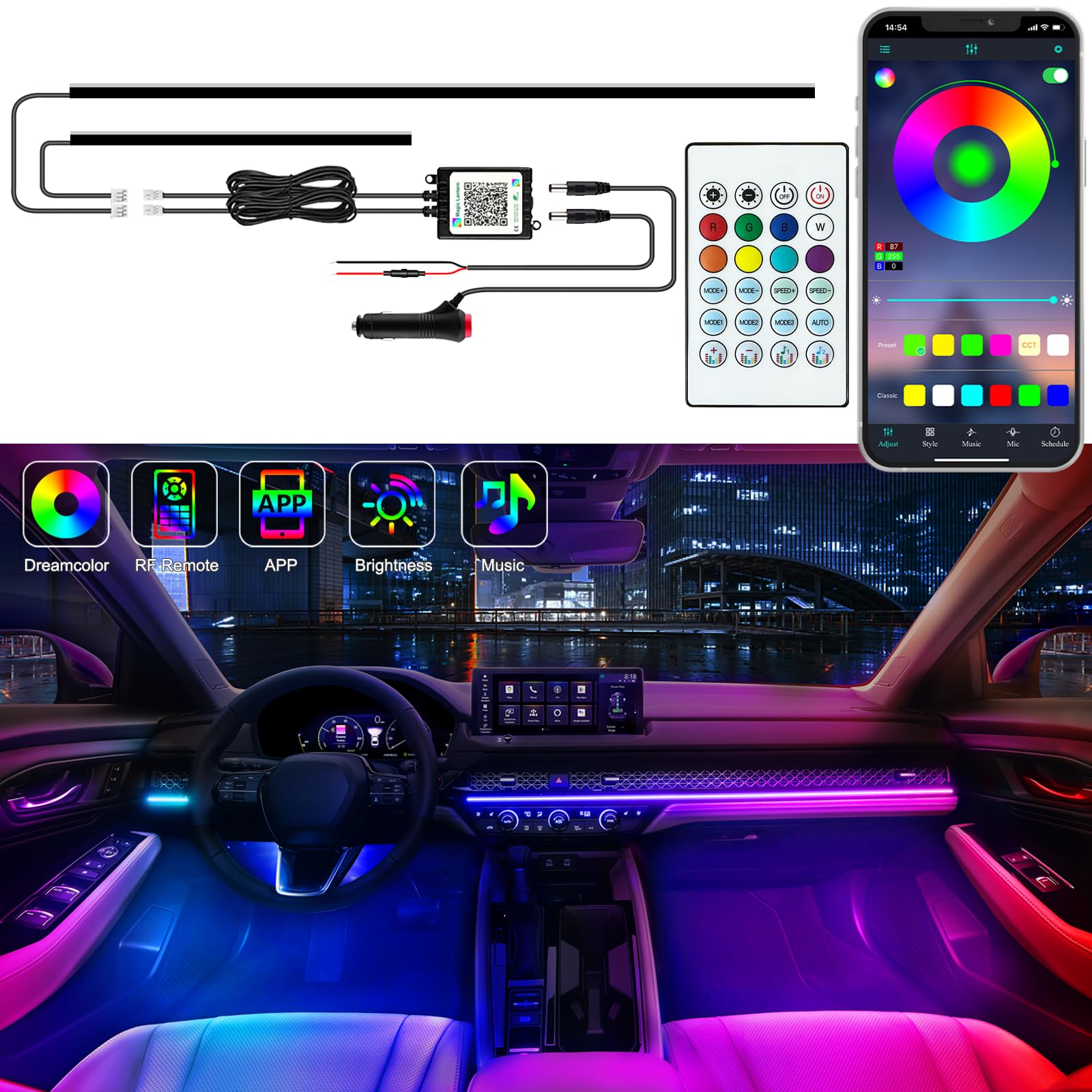Photo 1 of Jushope Interior Car LED Strip Lights, Acrylic LED Lights for Car with Dynamic Dreamcolor Chasing, Ambient Lighting Kits Music Sync Wireless APP and RF Remote Control (43.5+14.5'')