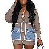 KANSOON Cardigan Sweaters for Women Casual Open Front Button Down Denim Patchwork Loose Knit Outerwear with Pockets