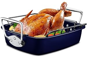 HONGBAKE Nonstick Turkey Roasting Pan with Rack, 19 x 14.5 Inch Large Chicken Roaster Pan for Oven, Suitable for 25lb Turkey, Dark Blue