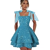 TLTVQ Sparkly Sequin Homecoming Dresses for Teens with Bow Spaghetti Strap Short Prom Dresses Princess Cocktail Party Gown