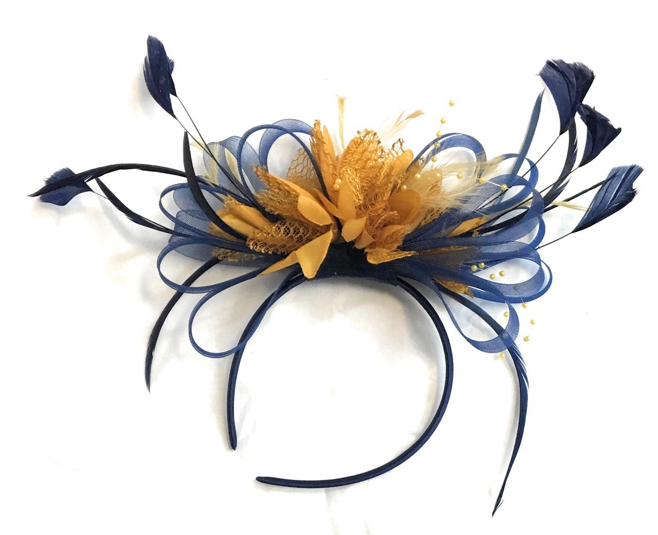 Navy Blue & Mustard Yellow Fascinator on Headband AliceBand UK Wedding Ascot Races Loop