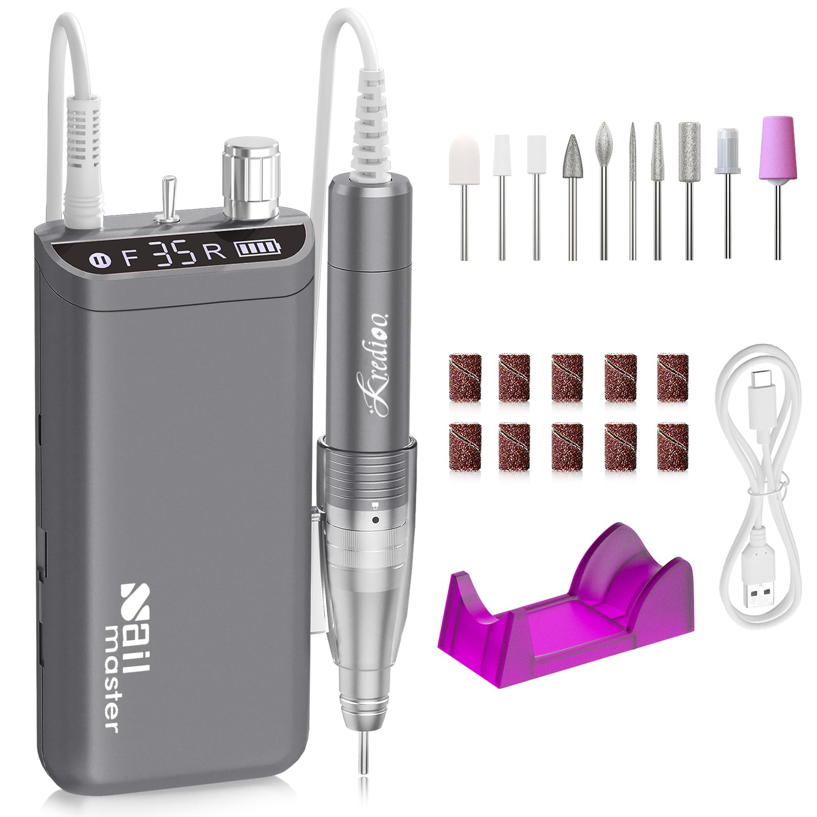 Kredioo 10 in 1 Nail Drill Kit, 35000RPM Rechargeable Electric E File, 8 Hours Battery, Manicure Pedicure Acrylic Gel Removal, Shaping for Beginner, Training, Nail Salon, Home Use, Grey