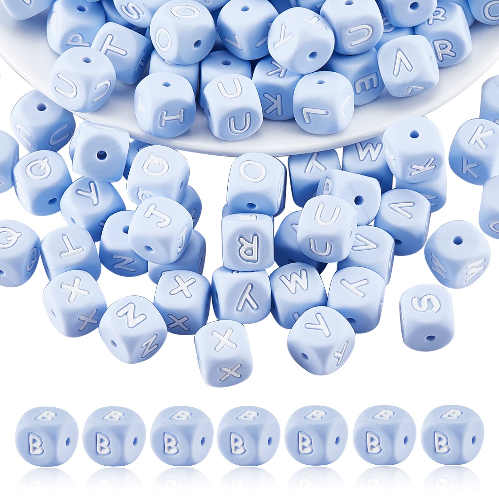 BEEFLYING 20 Blue Cube Silicone Beads - 12mm Square Dice Alphabet Beads for Bracelet Necklace Jewelry Making Decoration (Letter B)