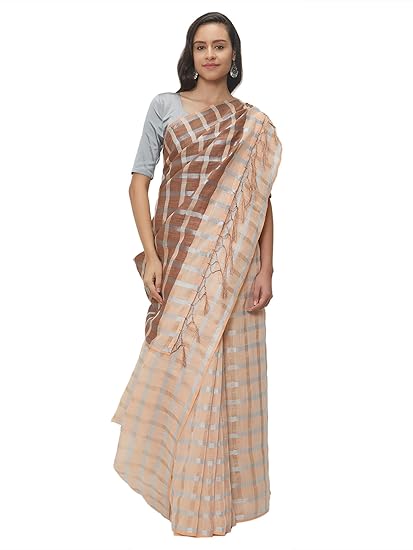 Womens Linen saree with 2 Different Blouse Pieces (Peach)