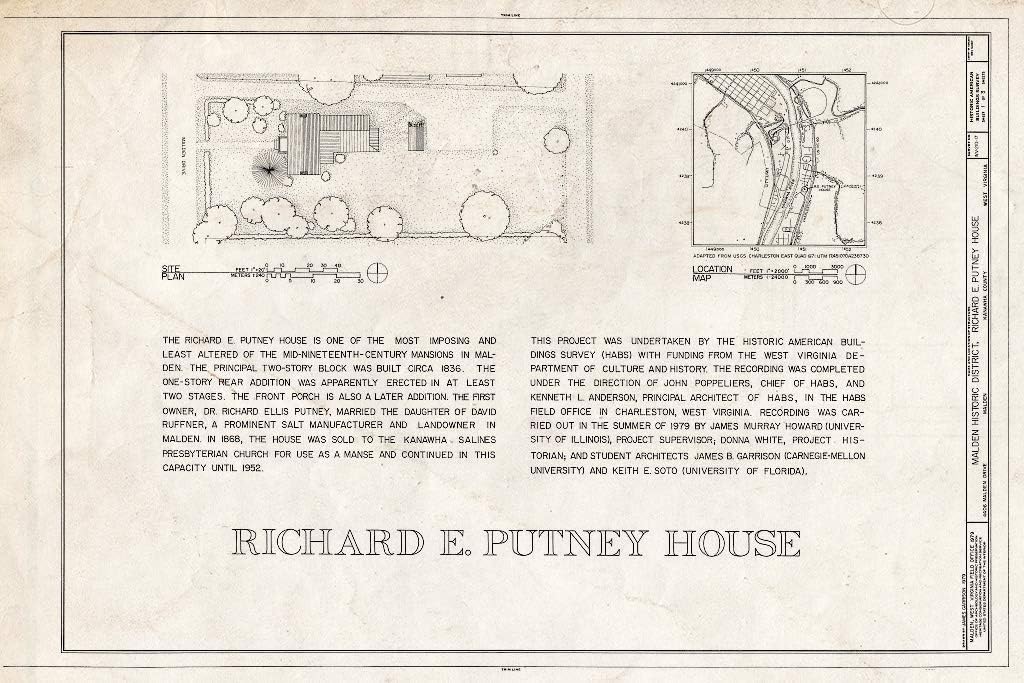 Blueprint Diagram HABS WVA,20-MALD,18- (Sheet 1 of 3) - Malden Historic District, Richard E. Putney House, 4406 Malden Drive, Malden, Kanawha County, WV 36in x 24in
