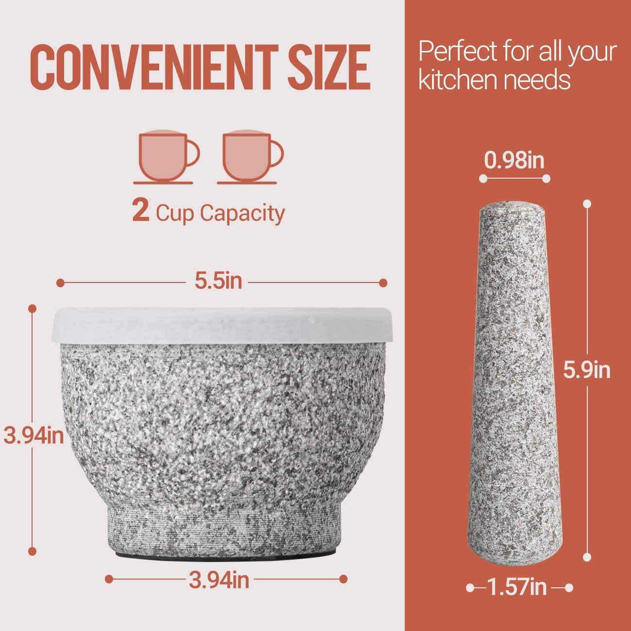 Tera Mortar and Pestle Set with Lid 2 Cup-Capacity, Include Silicone Lid, Garlic Peeler, Stick-on Anti-slip Pad for Base, Unpolished Granite Mortar and Pestle Spice Grinder, 5.5 Inch: Kitchen & Dining