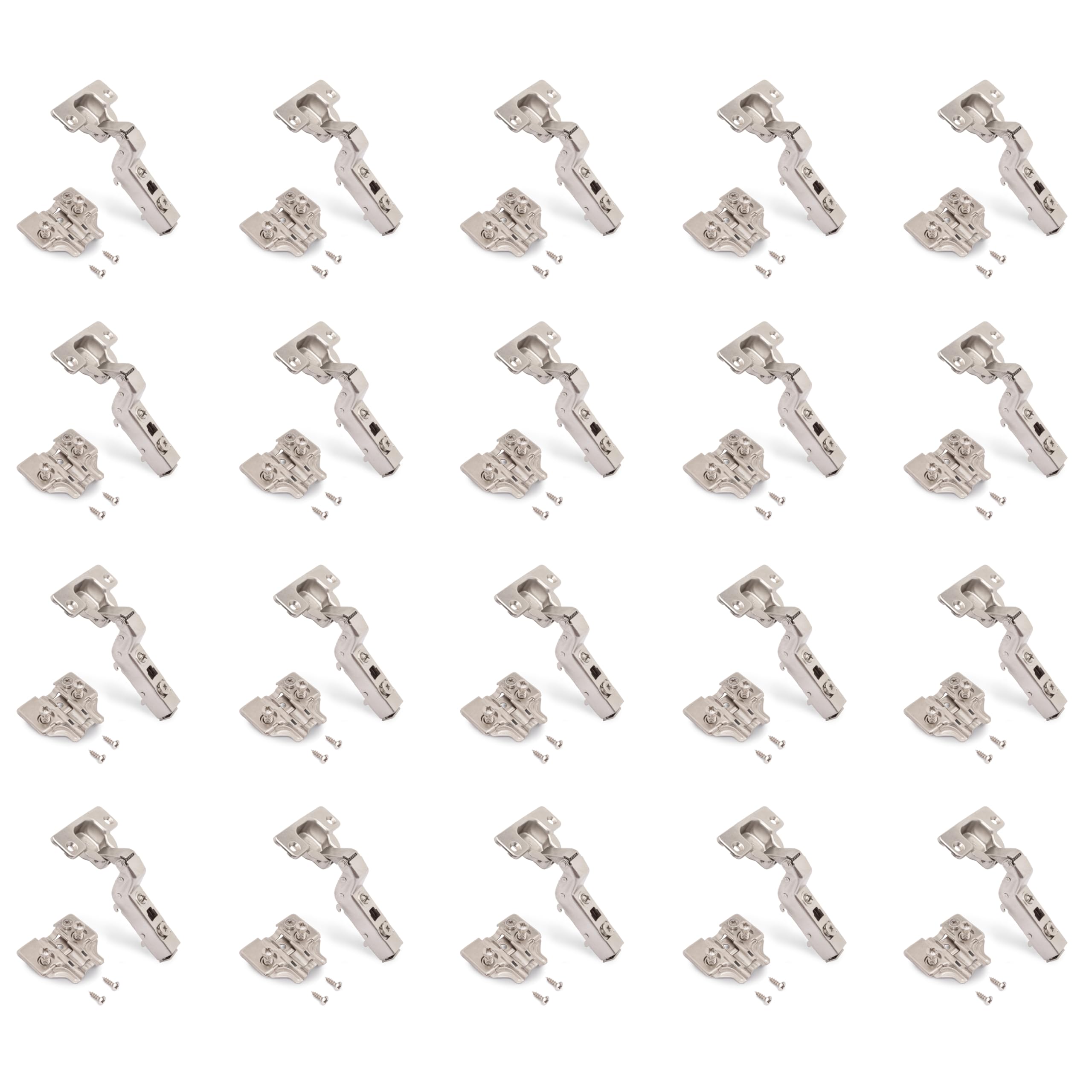 Emuca - Kit of 20 Inset Overlay Hinges x91. Ø35mm. Apertua 105° Soft Close for Latching Door and Euro Supplements with Eccentric Adjustment, Nickel Colour.