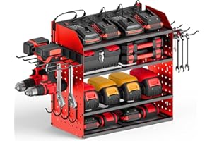 CCCEI Modular Desk Power Tools Organizer with Charging Station, 4 Layer Drills Battery Storage Wall Mount, Garage Shop Organization, Anniversary, Birthday, Gifts for Men, Father, Red, 10FT Cord.