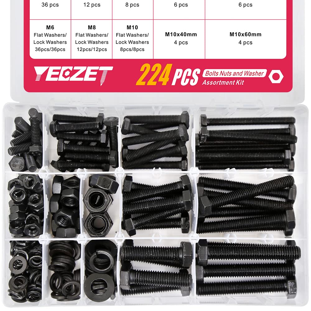 YEEZET 56 Set M6 M8 M10 Heavy Duty Bolts and Nuts Assortment Kit Alloy Steel Grade 8.8 Includes 8 Most Common Sizes D-88W6J-M6-10-224PCS